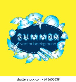 The concept of a postcard on a summer theme with summer attributes. Abstraction, summer, tropical vegetation, starfish. Vector illustration, banner.