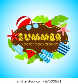 The concept of a postcard on a summer theme with summer attributes. Abstraction, summer, tropical vegetation, starfish. Vector illustration, banner.