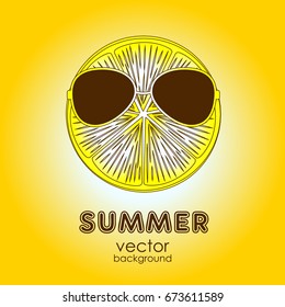 The concept of a postcard on a summer theme with summer attributes. Orange, 
sunglasses. Vector illustration, banner.