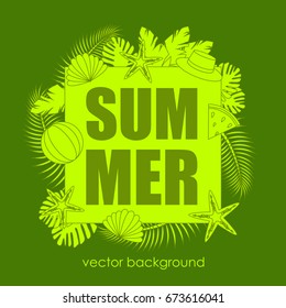 The concept of a postcard on a summer theme with summer attributes. 
Ball, hat, shell, starfish. Vector illustration, banner.