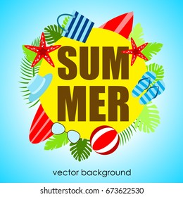The concept of a postcard on a summer theme with summer attributes. 
Surfboard, ball, slippers, hat, bag, glasses. Vector illustration, banner.