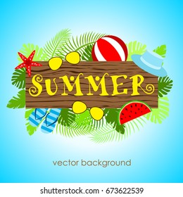 The concept of a postcard on a summer theme with summer attributes. 
Hat, ball, slippers, glasses, watermelon, starfish. Vector illustration, banner.