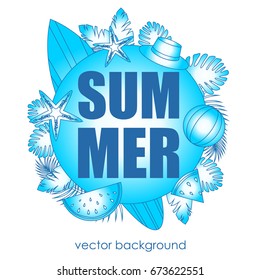 The concept of a postcard on a summer theme with summer attributes. 
Surfboard, ball, hat, starfish, watermelon. Vector illustration, banner.