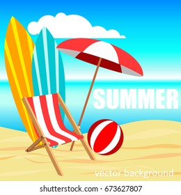 The concept of a postcard on a summer theme with summer attributes. 
Beach vacation, sea, umbrella, chaise lounge, surfboard, ball. Vector illustration, banner.