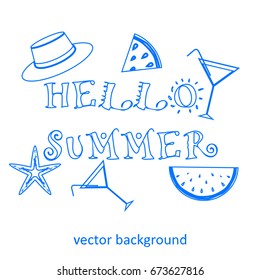 The concept of a postcard on a summer theme with summer attributes. 
Beach vacation, sea, hat, watermelon, cocktail glass, starfish. Vector illustration, banner.