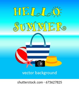 The concept of a postcard on a summer theme with summer attributes. 
Beach vacation, sea, hat, ball, beach bag, camera, starfish. Vector illustration, banner.