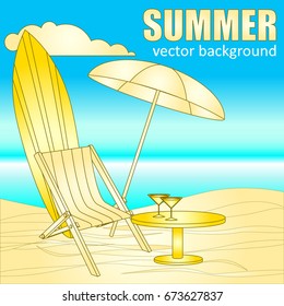The concept of a postcard on a summer theme with summer attributes. 
Beach rest, sea, umbrella, chaise lounge, surfboard. Vector illustration, banner.
