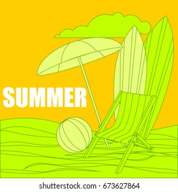 The concept of a postcard on a summer theme with summer attributes. 
Beach vacation, sea, umbrella, chaise lounge, surfboard, ball. Vector illustration, banner.
