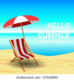The concept of a postcard on a summer theme with summer attributes. 
Beach vacation, sea, umbrella, chaise longue. Vector illustration, banner.