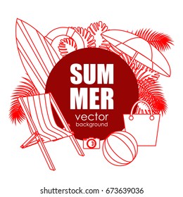 The concept of a postcard on a summer theme with summer attributes. 
Beach rest, umbrella, chaise longue, ball, life ring, beach bag, camera, surfboard. Vector illustration, banner.