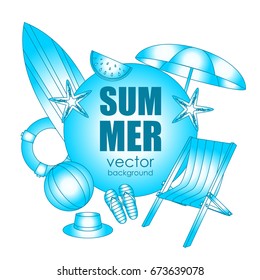 The concept of a postcard on a summer theme with summer attributes. 
Beach rest, umbrella, chaise longue, ball, life ring, hat, watermelon, slippers, surfboard. Vector illustration, banner.