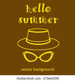 The concept of a postcard on a summer theme with summer attributes. Beach vacation, hat, sunglasses. Vector illustration, banner.
