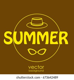 The concept of a postcard on a summer theme with summer attributes. Beach vacation, hat, sunglasses. Vector illustration, banner.