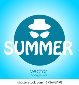 The concept of a postcard on a summer theme with summer attributes. Beach vacation, hat, sunglasses. Vector illustration, banner.