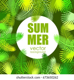 The concept of a postcard on a summer theme with summer attributes. Beach vacation, summer, tropical plants, palm trees. Vector illustration, banner.
