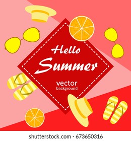 The concept of a postcard on a summer theme with summer attributes. Beach vacation, apples, slippers, sunglasses, hat. Vector illustration, banner.