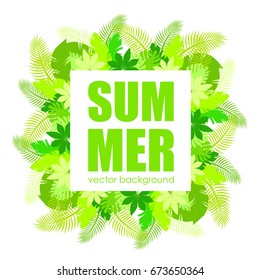 The concept of a postcard on a summer theme with summer attributes. 
Beach vacation, summer, tropical plants, palm tree. Vector illustration, banner.