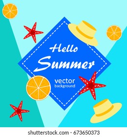 The concept of a postcard on a summer theme with summer attributes. Beach vacation, apple, starfish, hat. Vector illustration, banner.