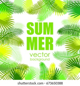 The concept of a postcard on a summer theme with summer attributes. Beach vacation, summer, tropical plants, palm trees. Vector illustration, banner.