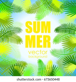 The concept of a postcard on a summer theme with summer attributes. Beach vacation, summer, tropical plants, palm trees. Vector illustration, banner.