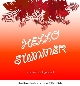 The concept of a postcard on a summer theme with summer attributes. 
Beach vacation, tropical plants, palm leaves. Vector illustration, banner.