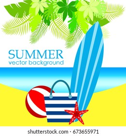 The concept of a postcard on a summer theme with summer attributes. Beach vacation, beach, bag, surfboard, ball. Vector illustration, banner.