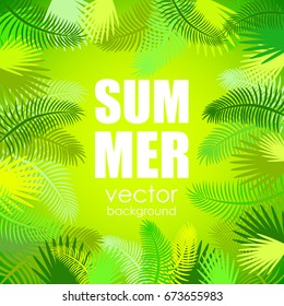 The concept of a postcard on a summer theme with summer attributes. 
Beach vacation, tropical plants, palm leaves. Vector illustration, banner.