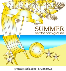 The concept of a postcard on a summer theme with summer attributes. Beach vacation, beach, umbrella, surfboard, ball, chaise longue. Vector illustration, banner.