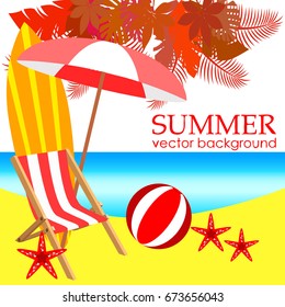 The concept of a postcard on a summer theme with summer attributes. Beach vacation, beach, umbrella, surfboard, ball, chaise longue. Vector illustration, banner.