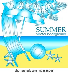 The concept of a postcard on a summer theme with summer attributes. Beach vacation, beach, umbrella, surfboard, ball, chaise longue. Vector illustration, banner.