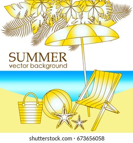 The concept of a postcard on a summer theme with summer attributes. Beach vacation, beach, umbrella, surfboard, ball, bag, chaise longue. Vector illustration, banner.