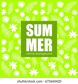 The concept of a postcard on a summer theme with summer attributes. 
Tropical plants, palm leaves. Vector illustration, banner.