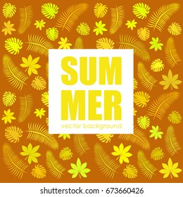 The concept of a postcard on a summer theme with summer attributes. 
Tropical plants, palm leaves. Vector illustration, banner.