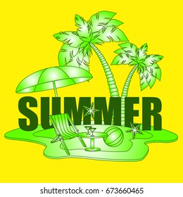 The concept of a postcard on a summer theme with summer attributes. 
Beach vacation, beach, island umbrella, ball, chaise longue, palm tree. Vector illustration, banner.