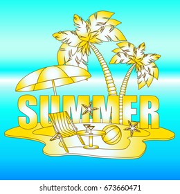 The concept of a postcard on a summer theme with summer attributes. 
Beach vacation, beach, island umbrella, ball, chaise longue, palm tree. Vector illustration, banner.