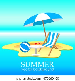 The concept of a postcard on a summer theme with summer attributes. 
Beach vacation, seashore, island umbrella, ball, chaise longueVector illustration, banner.
