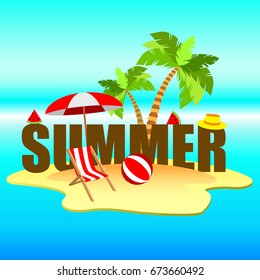 The concept of a postcard on a summer theme with summer attributes. 
Beach vacation, beach, island umbrella, ball, chaise longue, palm tree. Vector illustration, banner.