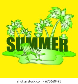 The concept of a postcard on a summer theme with summer attributes. 
Beach vacation, beach, island, chaise longue, palm tree. Vector illustration, banner.