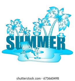 The concept of a postcard on a summer theme with summer attributes. 
Beach vacation, beach, island, chaise longue, palm tree. Vector illustration, banner.