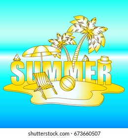 The concept of a postcard on a summer theme with summer attributes. 
Beach vacation, beach, island umbrella, ball, chaise longue, palm tree. Vector illustration, banner.