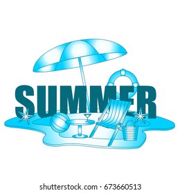 The concept of a postcard on a summer theme with summer attributes. 
Beach vacation, beach, island umbrella, ball, chaise longue, lifebuoy. Vector illustration, banner.