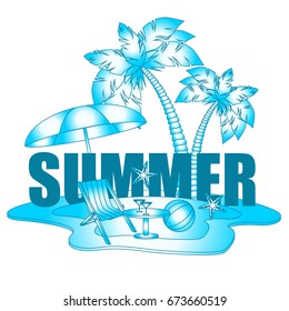 The concept of a postcard on a summer theme with summer attributes. 
Beach vacation, beach, island umbrella, ball, chaise longue, palm tree. Vector illustration, banner.