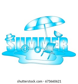 The concept of a postcard on a summer theme with summer attributes. 
Beach vacation, beach, island umbrella, ball, chaise longue. Vector illustration, banner.