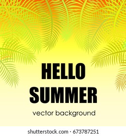 The concept of a postcard on a summer theme with summer attributes. Beach vacation, palm trees, tropics.  Vector illustration, banner.