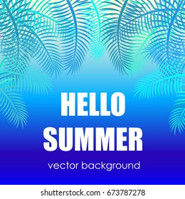 The concept of a postcard on a summer theme with summer attributes.  Beach vacation, palm trees, tropics. Vector illustration, banner.