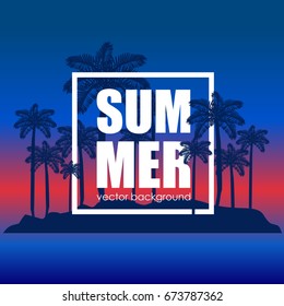 The concept of a postcard on a summer theme with summer attributes. Beach vacation, palm trees, tropics.  Vector illustration, banner.