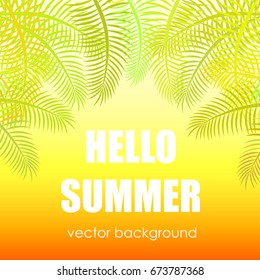 The concept of a postcard on a summer theme with summer attributes.  Beach vacation, palm trees, tropics. Vector illustration, banner.