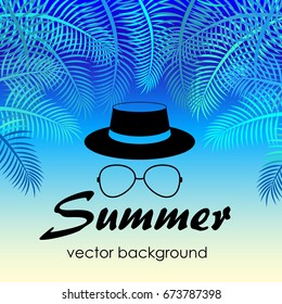 The concept of a postcard on a summer theme with summer attributes.  Beach vacation, palm trees, tropics. Vector illustration, banner.
