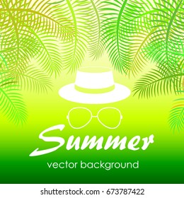 The concept of a postcard on a summer theme with summer attributes. Beach vacation, palm trees, tropics. Vector illustration, banner.