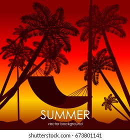 The concept of a postcard on a summer theme with summer attributes. Beach vacation, palms, tropics, hammock, silhouette. Vector illustration, banner.